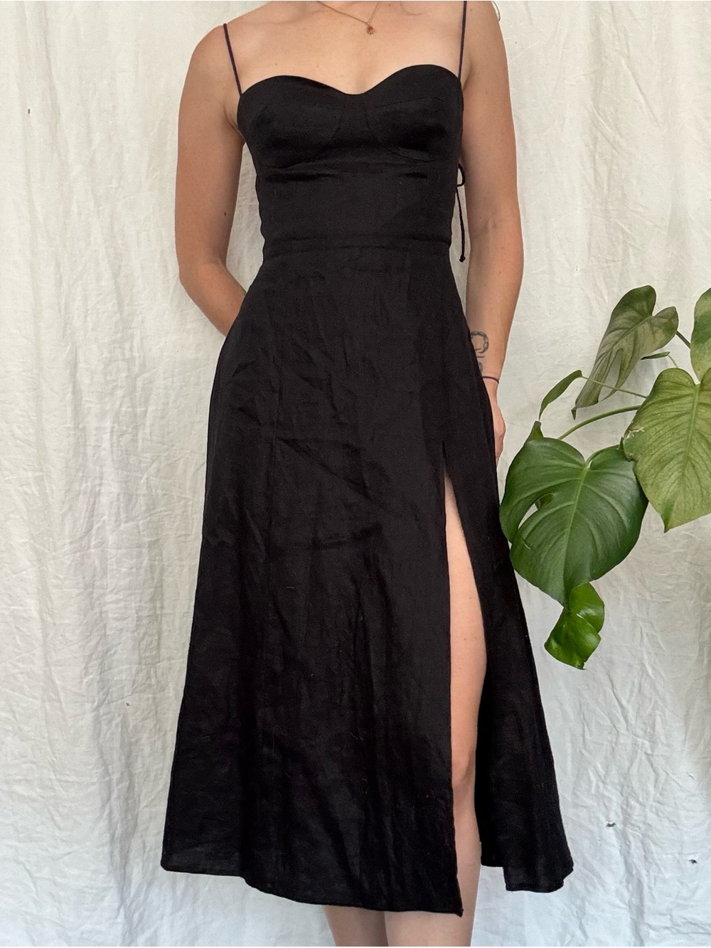 Black Reformation spaghetti Strap Midi Dress with Side Slit